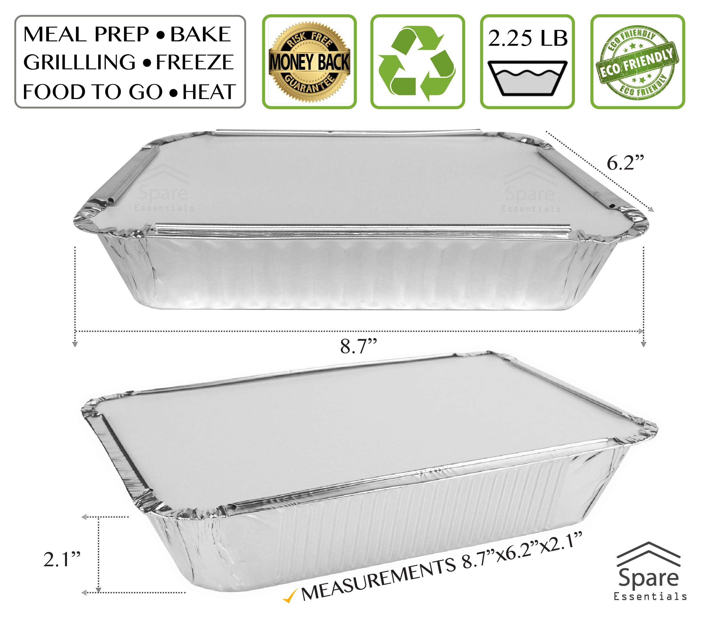 Spare Essentials 55-Pack Aluminum Foil Containers With Lids - 1 LB  Disposable Take Out Pans for Freezer Meals